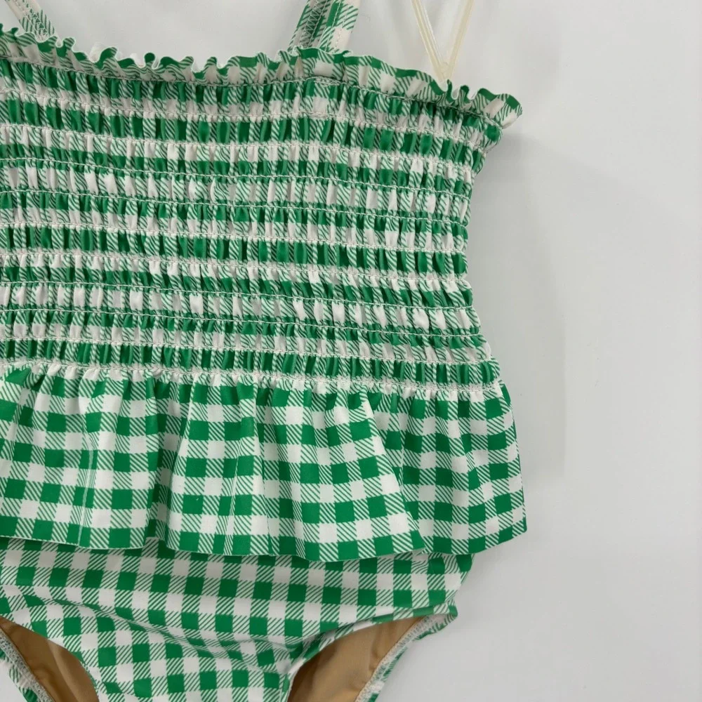 Old Navy One Piece Swimsuit Kids 4T Green Gingham Smocked Peplum Tie Shoulder